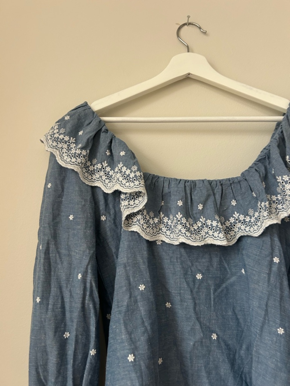 Sezane Francesca Chambray Blouse Blue White Embroidered Off Shoulder Ruffle Top - Picture 12 of 12